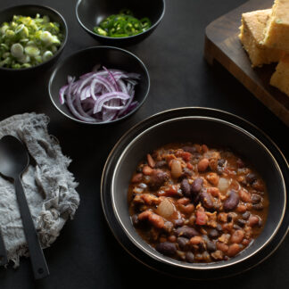 Three Bean Chili + Maple Butter Jalapeño Cornbread