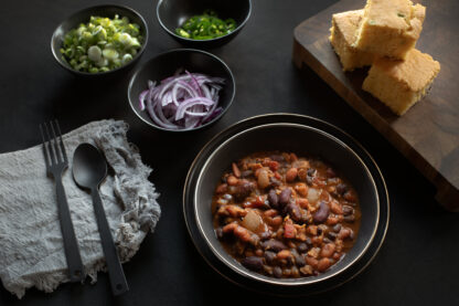 Three Bean Chili + Maple Butter Jalapeño Cornbread